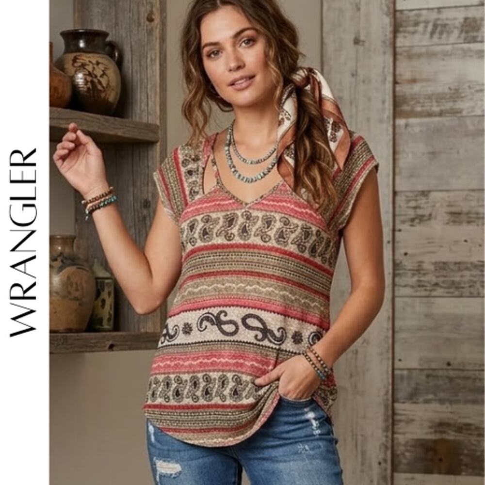 Wrangler Paisley Cut Out V-Neck Boho Top S NWOT